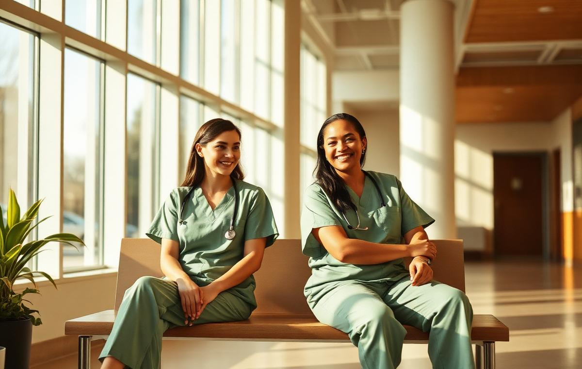 Two healthcare workers in Clover green resting in warm natural light